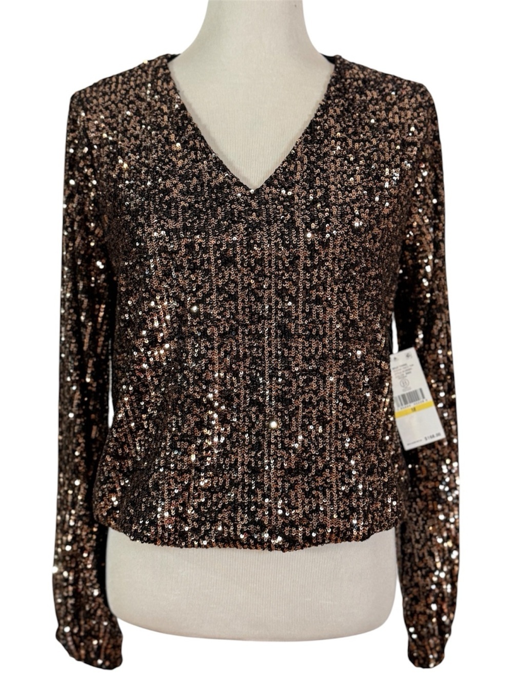 Karen Kane Bronze Sequin Long Sleeve V-Neck Party Top Blouse Medium Glam